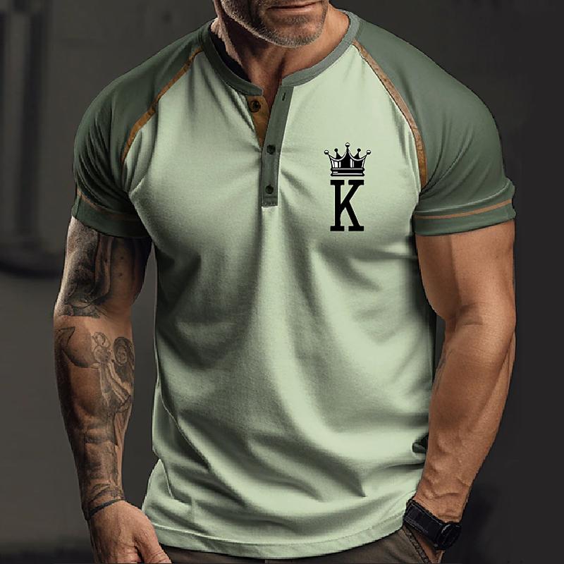 Mens Casual Letter Print Colorblock Henley Collar Short Sleeve T-Shirt 19858989Y