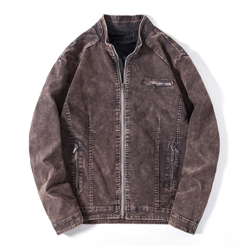 Mens Vintage Washed Distressed Stand Collar Zipper Denim Jacket 38335876M