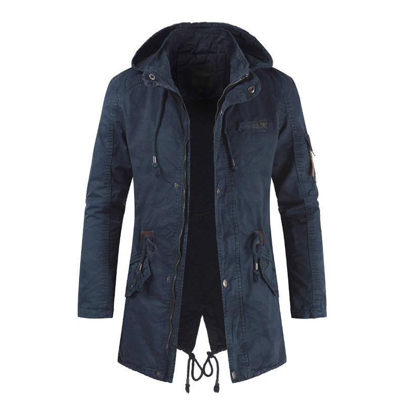 Mens Vintage Washed Mid-Length Back Slit Stand Collar Hooded Windbreaker Coat 50966674M