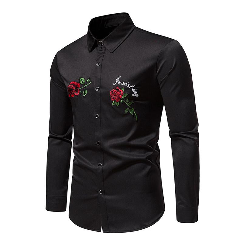 Mens Fashion Rose Embroidery Casual Lapel Long Sleeve Shirt 65312490X