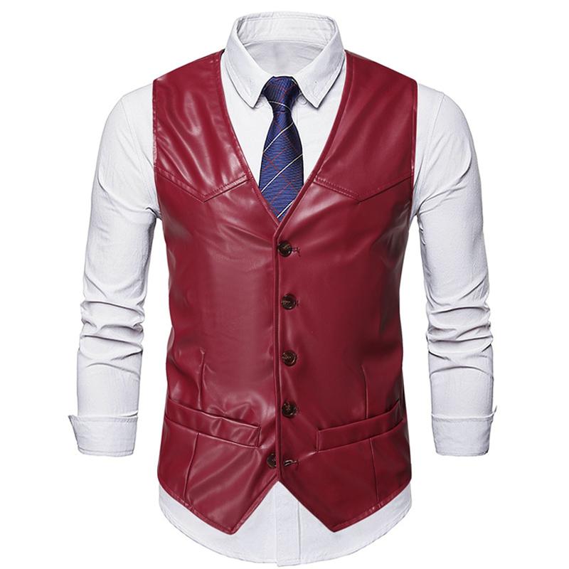 Mens Vintage Solid Color Collarless Leather Vest 99226572Y
