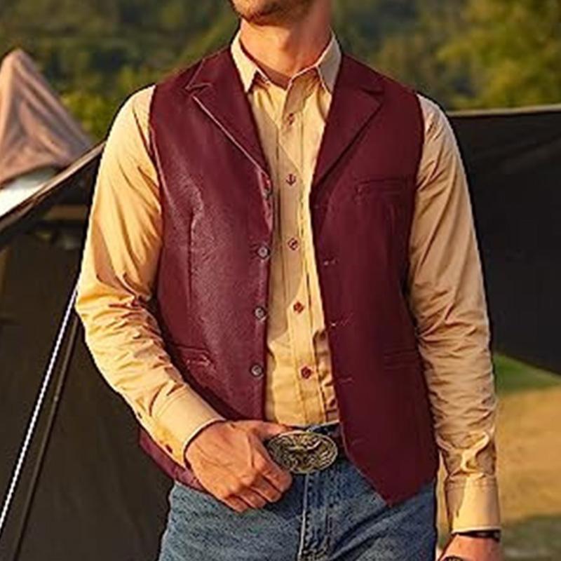 Mens Vintage V Neck Slim Single Breasted Leather Vest 90958464M