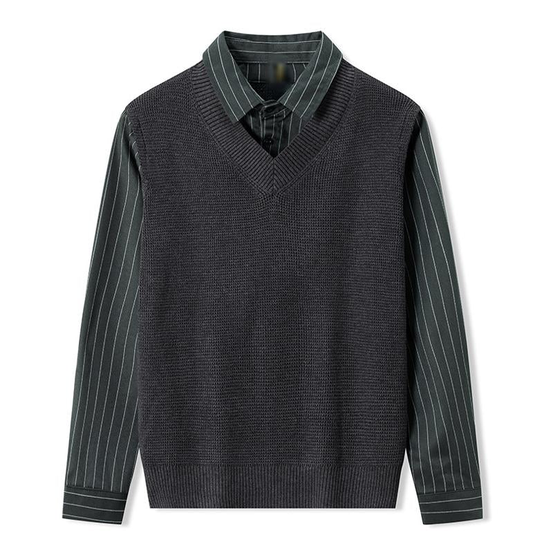 Mens Casual Lapel Fake Two Piece Knitted Vest Pullover Shirt 23541842M