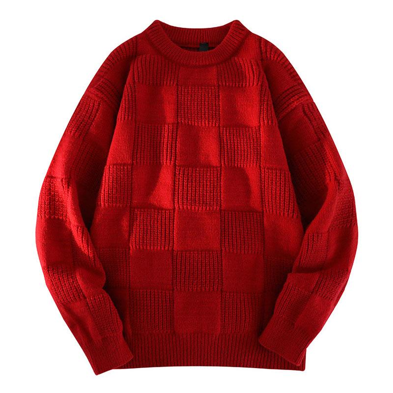 Mens Casual Solid Color Round Neck Plaid Texture Knitted Pullover Sweater 53899454M