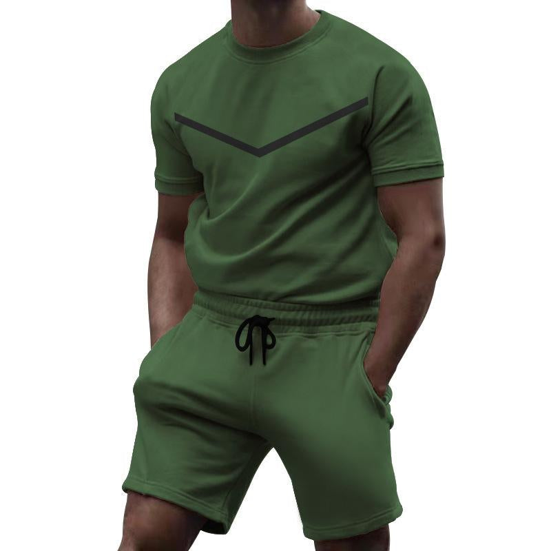 Mens Sports Solid Color Round Neck T-Shirt Short Sleeve Shorts Set 53183310Y