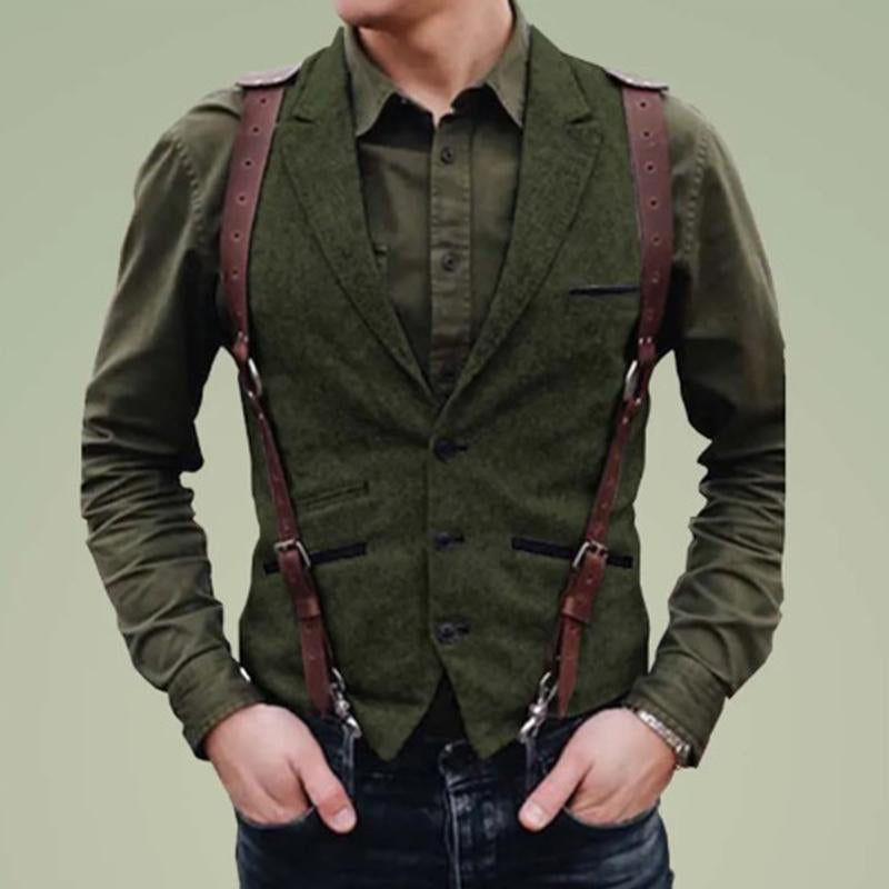Mens Vintage Lapel Single-Breasted Multi-pocket Herringbone Vest 59356841M