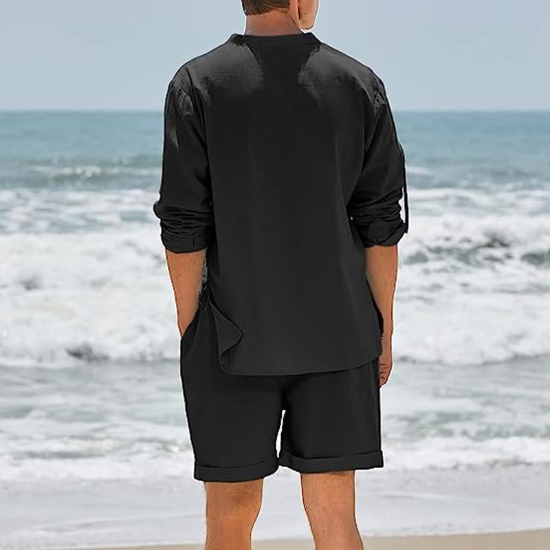 Mens Casual Solid Color Cotton Bandage Stand Collar Long Sleeve Shirt Shorts Set 59552911Y