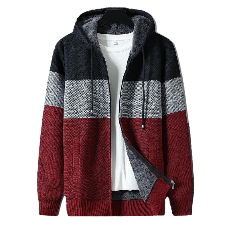 MenS Casual Color Block Plush Warm Hooded Cardigan 80287881Y