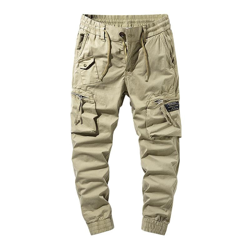 Mens Casual Solid Color Elastic Waist Multi-Pocket Cotton Cargo Pants 76185960M