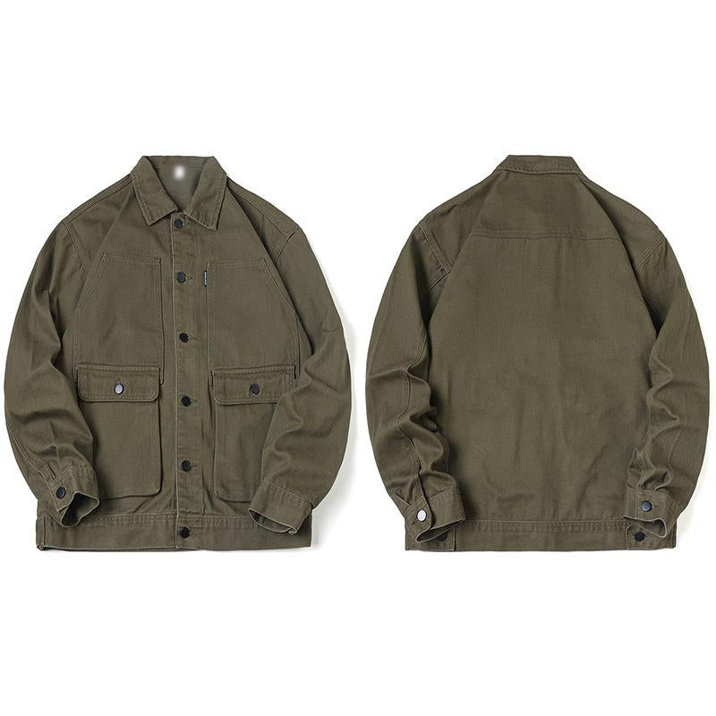 Mens Vintage Solid Color Cotton 3D Pocket Loose Lapel Single-Breasted Jacket 14172939M