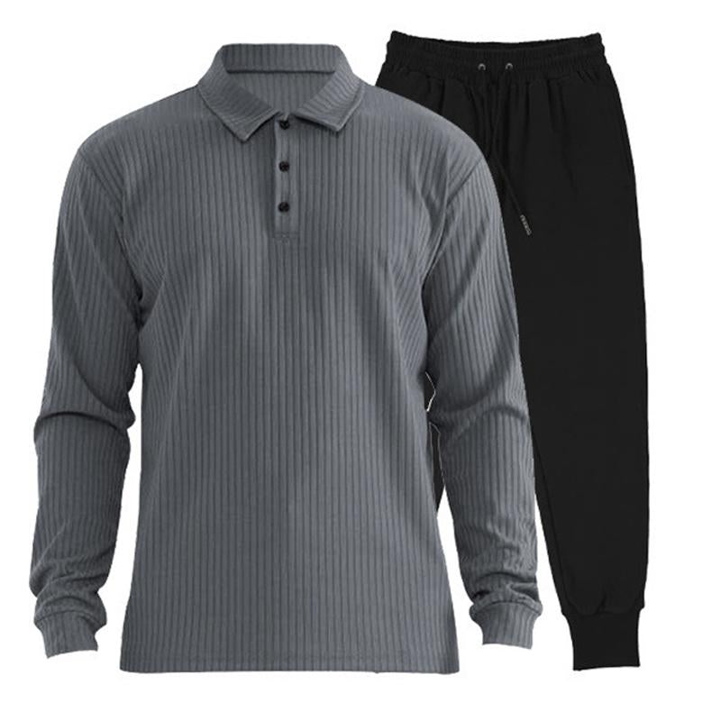 Mens Versatile Lapel Polo Shirt and Trousers Casual Two-piece Set 46121807X