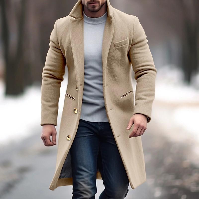 MenS Vintage Solid Color Long Woolen Single-Breasted Lapel Coat 42944296Y