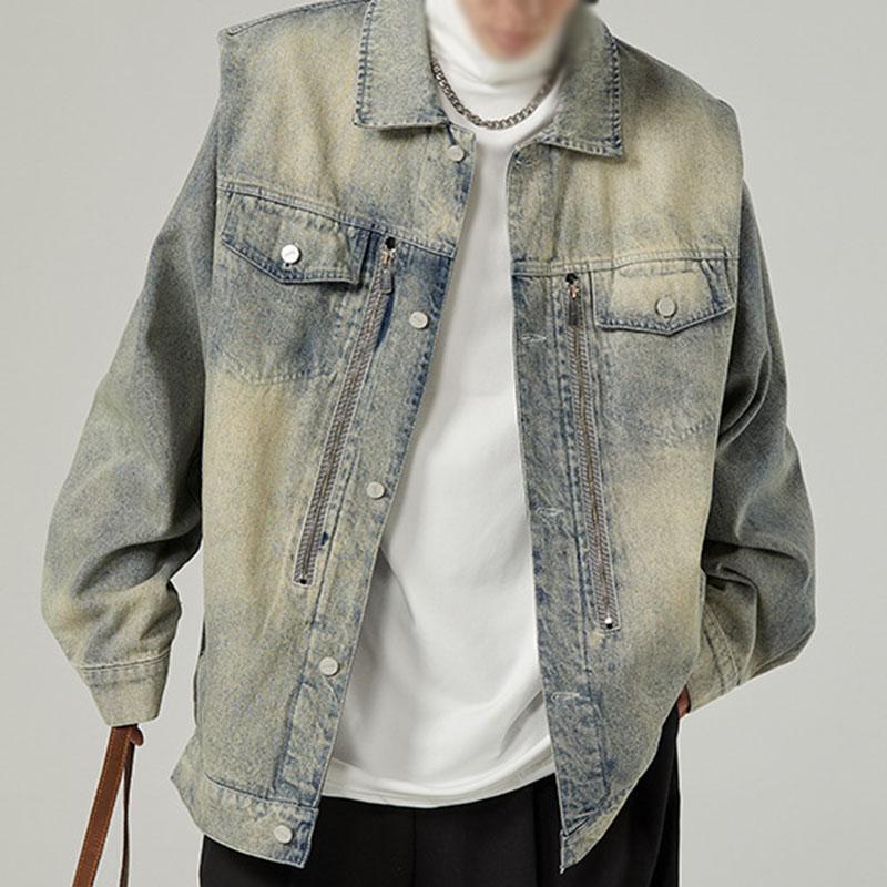 Mens Vintage Distressed Washed Loose Lapel Single-Breasted Denim Jacket 33911061M