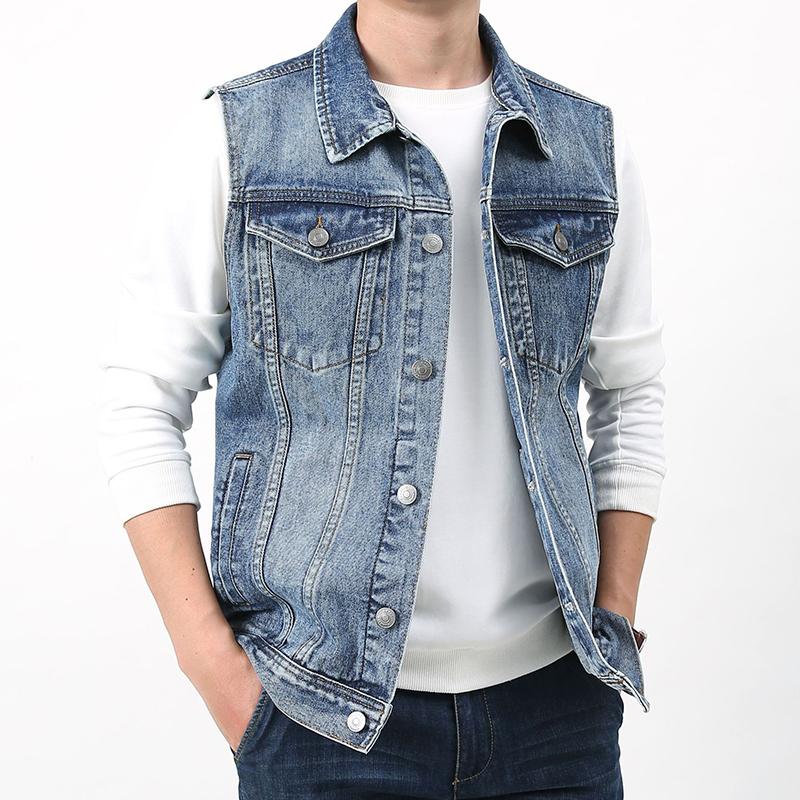 Mens Vintage Wash Lapel Single Breasted Multi Pocket Denim Vest 50562057M