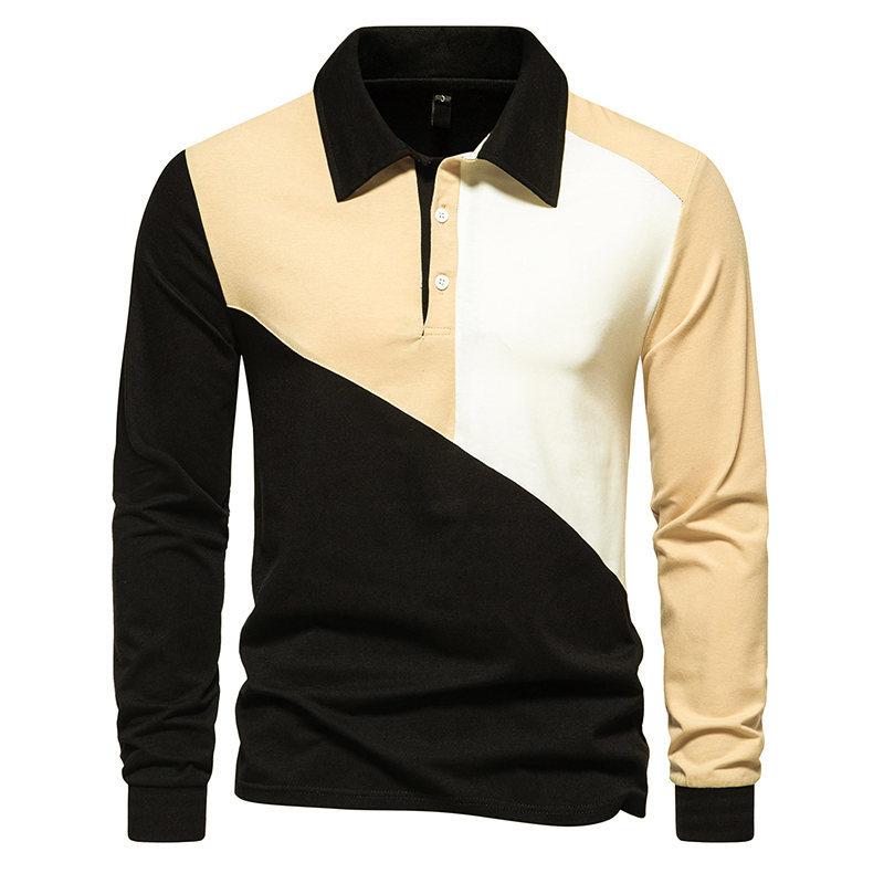 Mens Color Block Lapel Long Sleeve Casual Polo Shirt 46370091Z