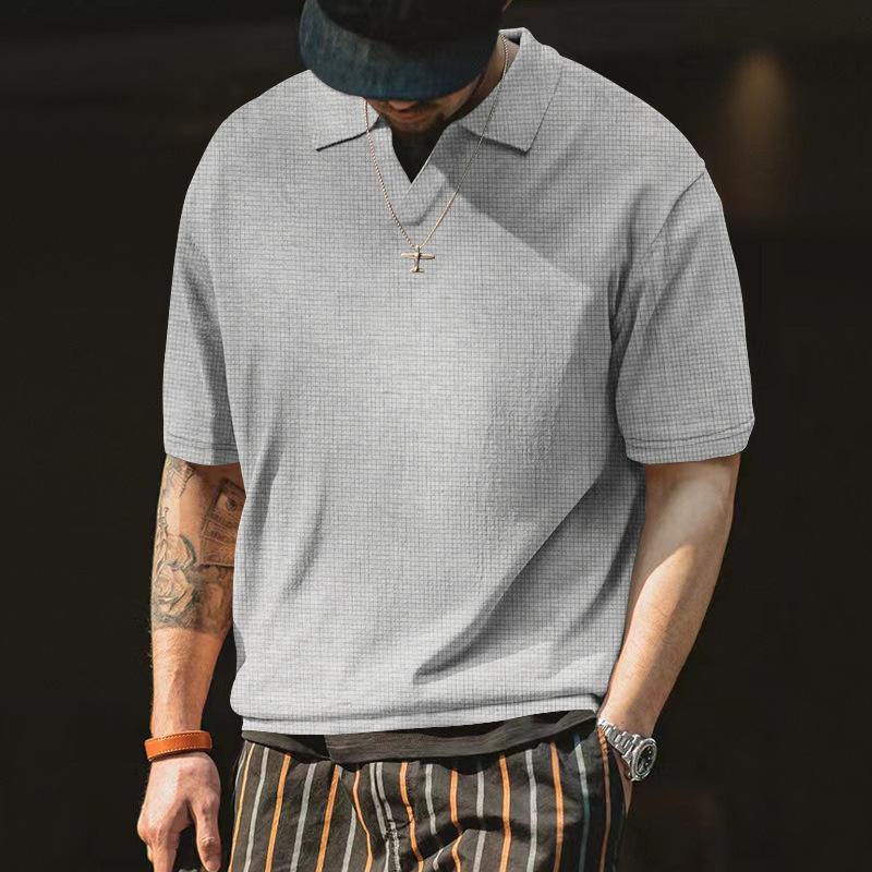 Mens Solid Lapel Waffle Short Sleeve Loose Casual Polo Shirt 94313755Z