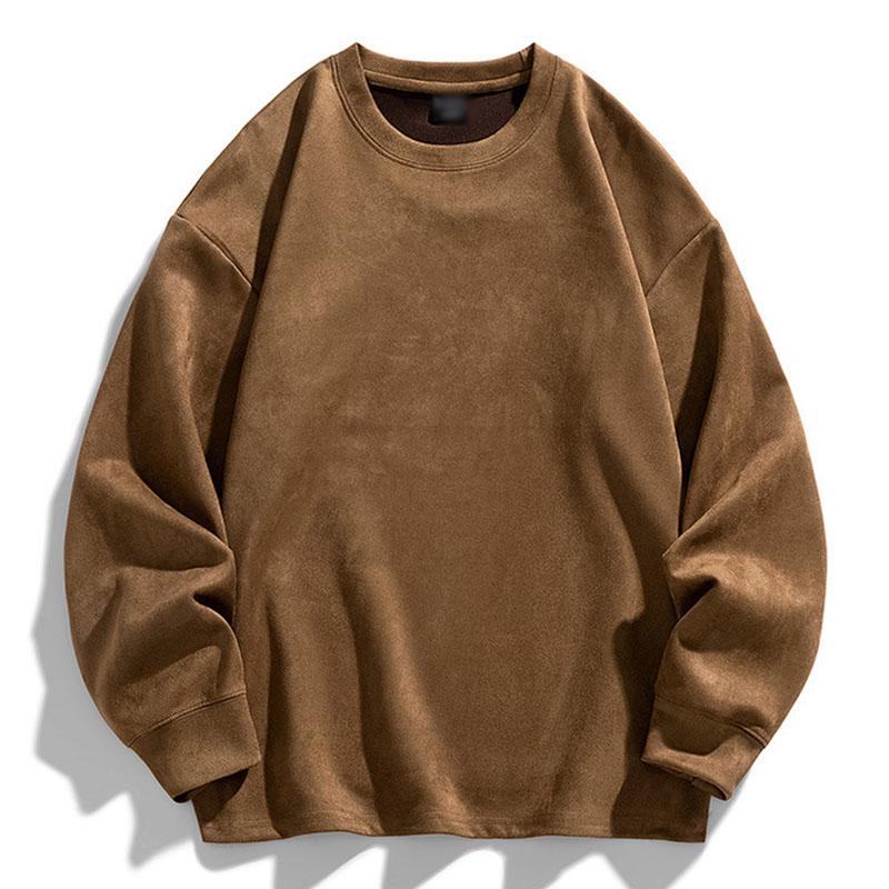 Mens Vintage Solid Color Suede Round Neck Loose Pullover Sweatshirt 99370869M