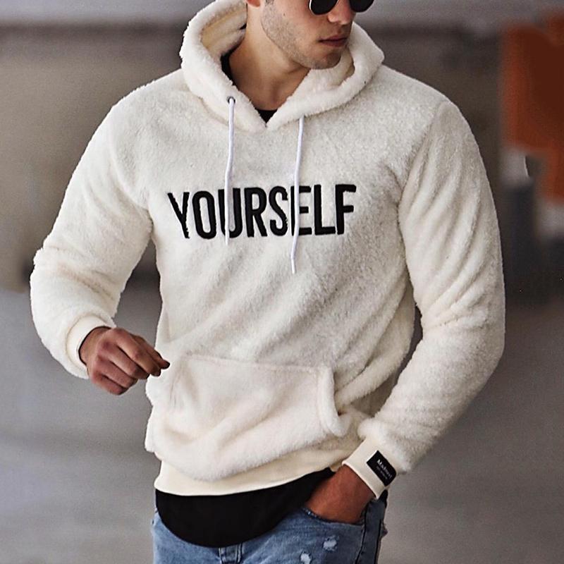 Mens Casual Polar Fleece Letter Embroidery Long Sleeve Hooded Sweatshirt 84452698Y