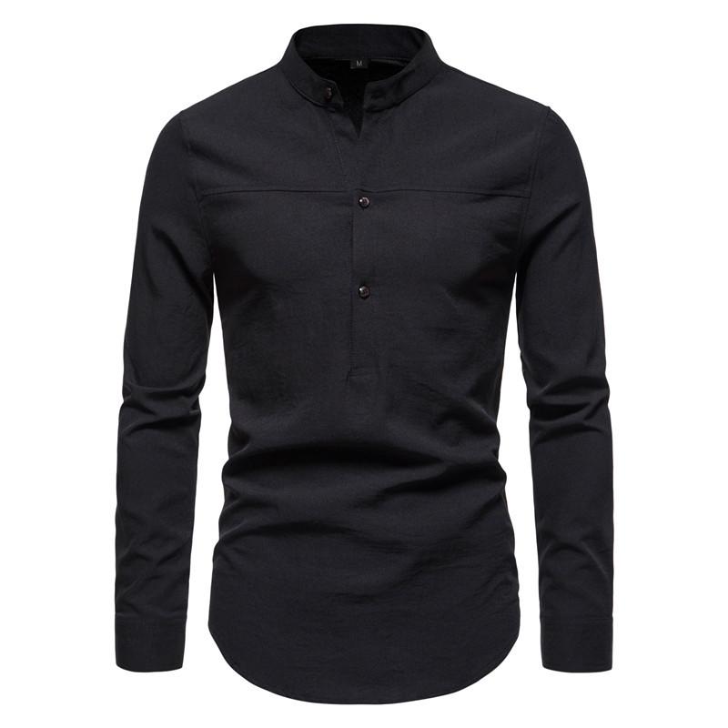 Mens Solid Color Long Sleeve Stand Collar Linen Shirt 70526053X