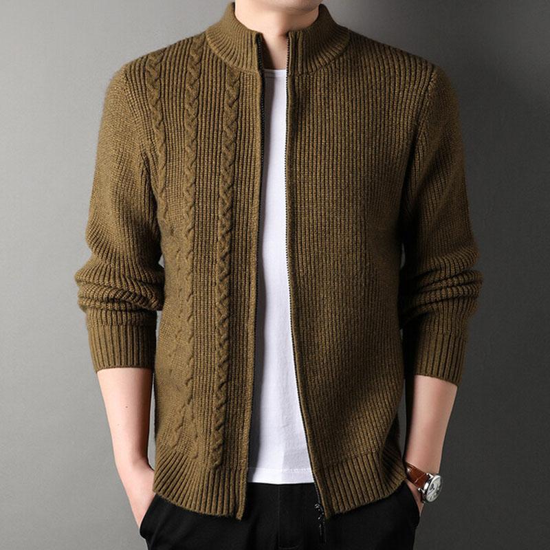 Mens Casual Stand Collar Cable Zipper Long Sleeve Knitted Cardigan 12911469M