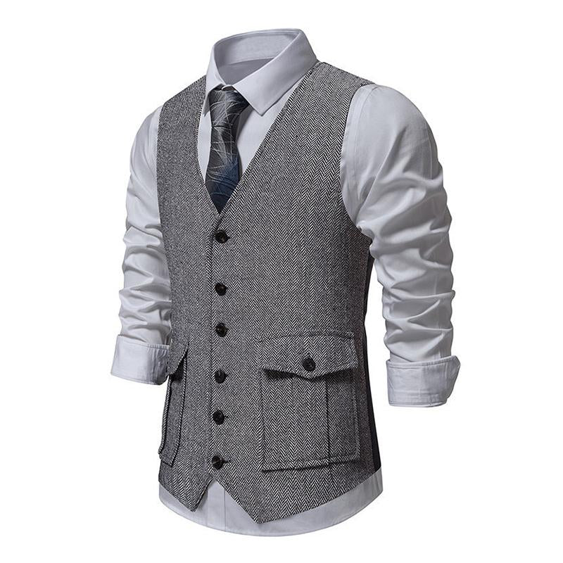 Mens Vintage V-Neck Single Breasted Patch Pocket Suit Vest (Shirt and Tie Excluded) 02085676M