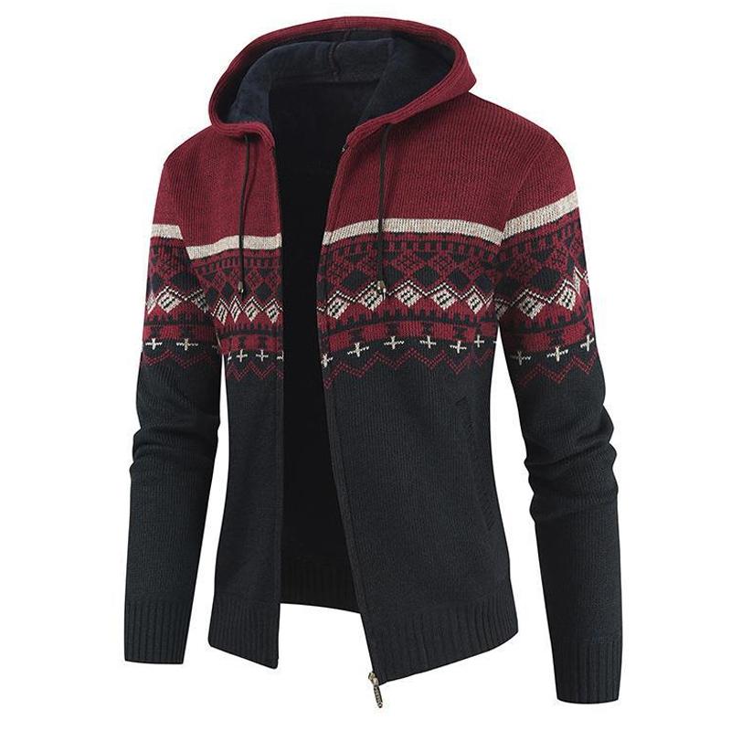 Mens Casual Jacquard Hooded Thermal Long Sleeve Cardigan 97349829Y
