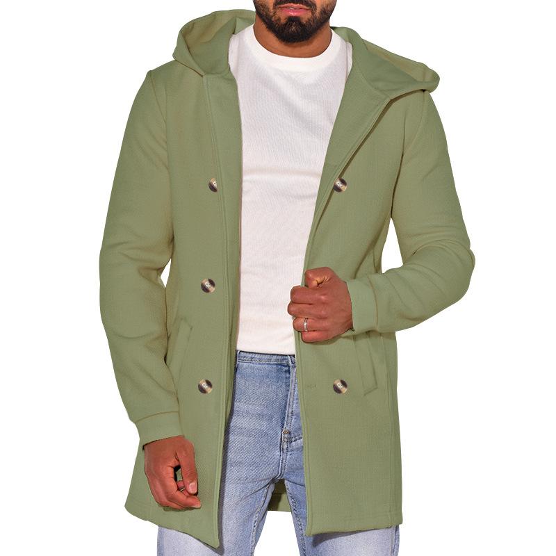 Mens Casual Solid Color Hooded Double-Breasted Long-Sleeved Windbreaker Coat 75393134M