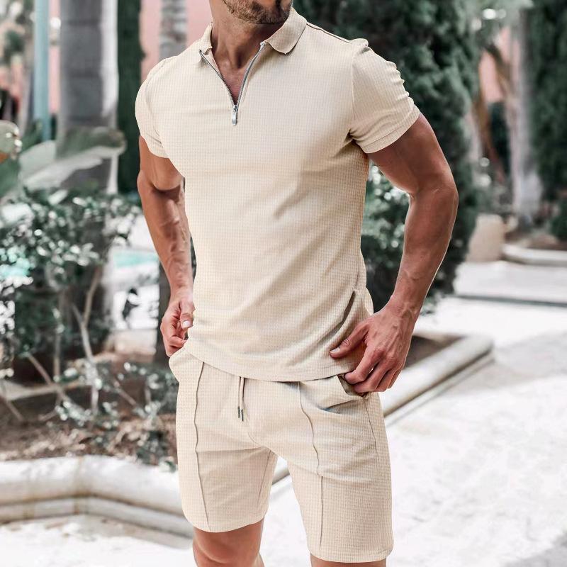 Mens Casual Waffle Solid Color Lapel Short Sleeve T-Shirt Shorts Set 42483174Y