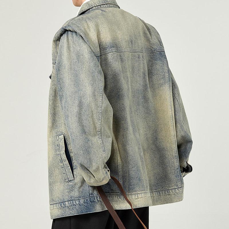 Mens Vintage Distressed Washed Loose Lapel Single-Breasted Denim Jacket 33911061M
