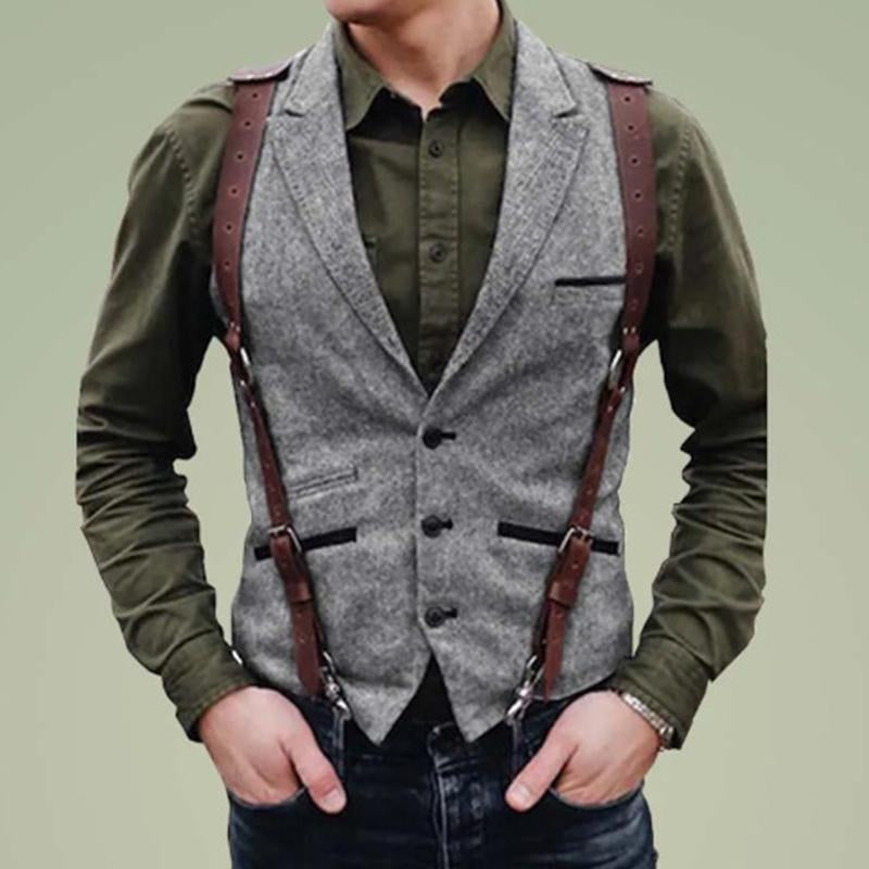 Mens Vintage Lapel Single-Breasted Multi-pocket Herringbone Vest 59356841M
