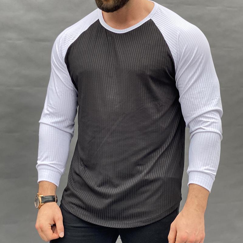 Mens Round Neck Patchwork Casual Long-sleeved T-shirt 70813664X