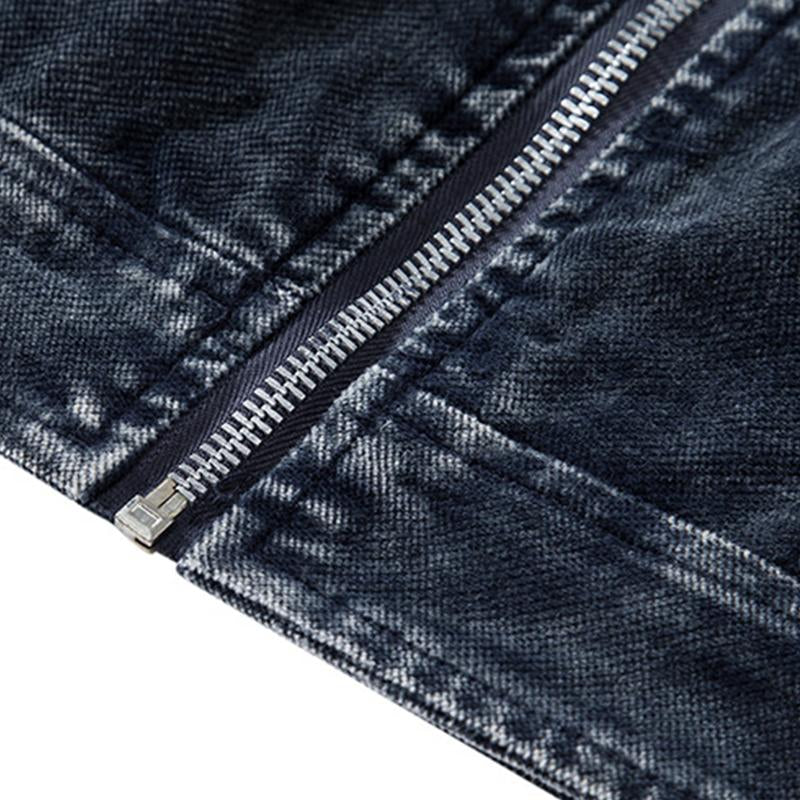 Mens Vintage Washed Distressed Stand Collar Zipper Denim Jacket 38335876M