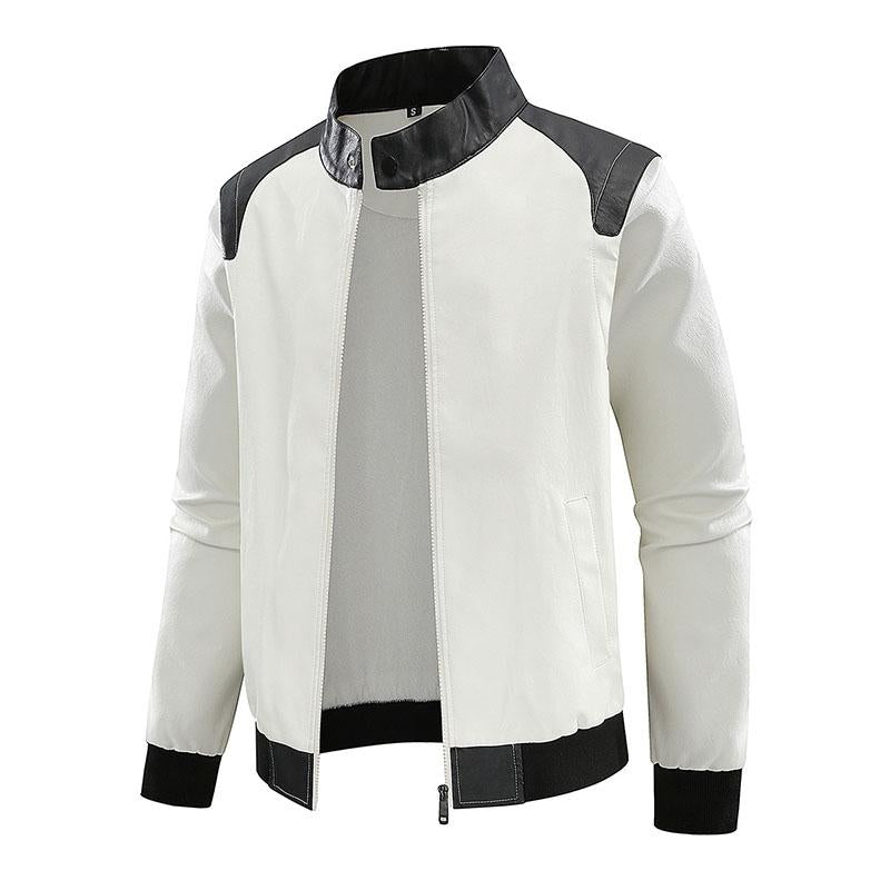 Mens Stylish Contrast Stand Collar Zipper Leather Jacket 79800222M