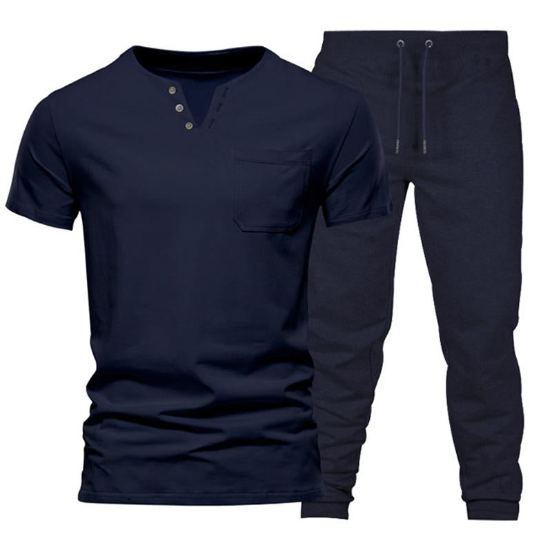 Mens Solid Color V-neck Short-sleeved Trousers Sports Two-piece Set 83772586X