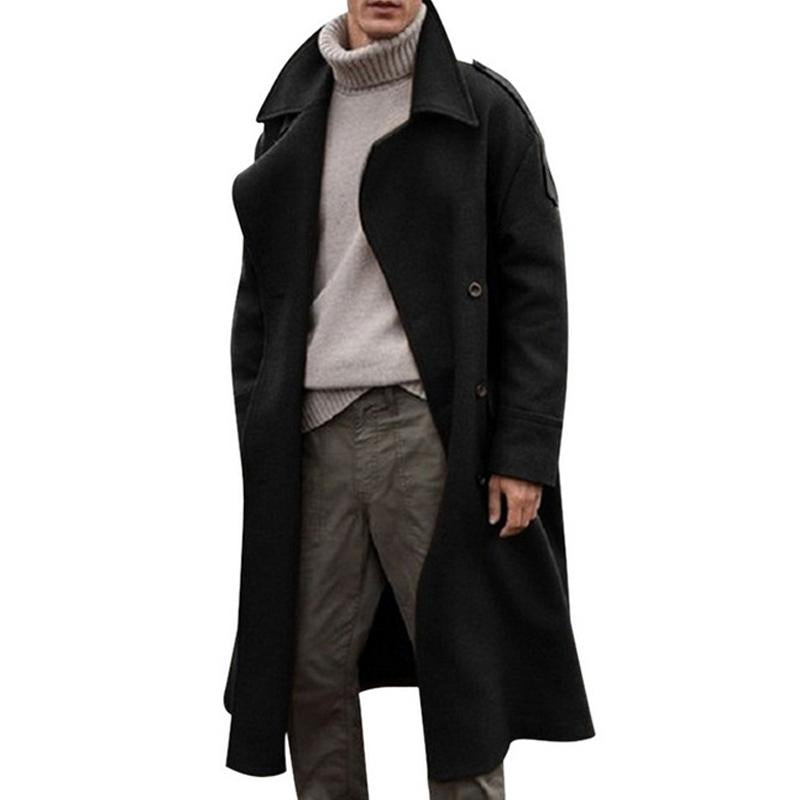 Mens Turn-down Collar Double Breasted Solid Long Coat 63857145Z