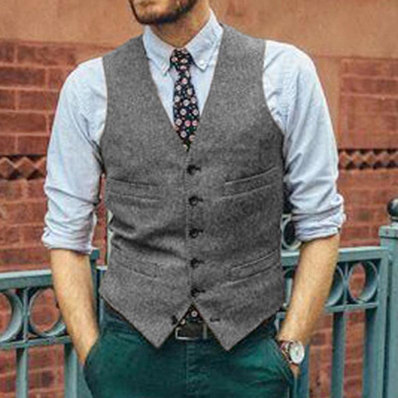 Mens Vintage Solid Color V-Neck Single-Breasted Slim Fit Vest 00171886M