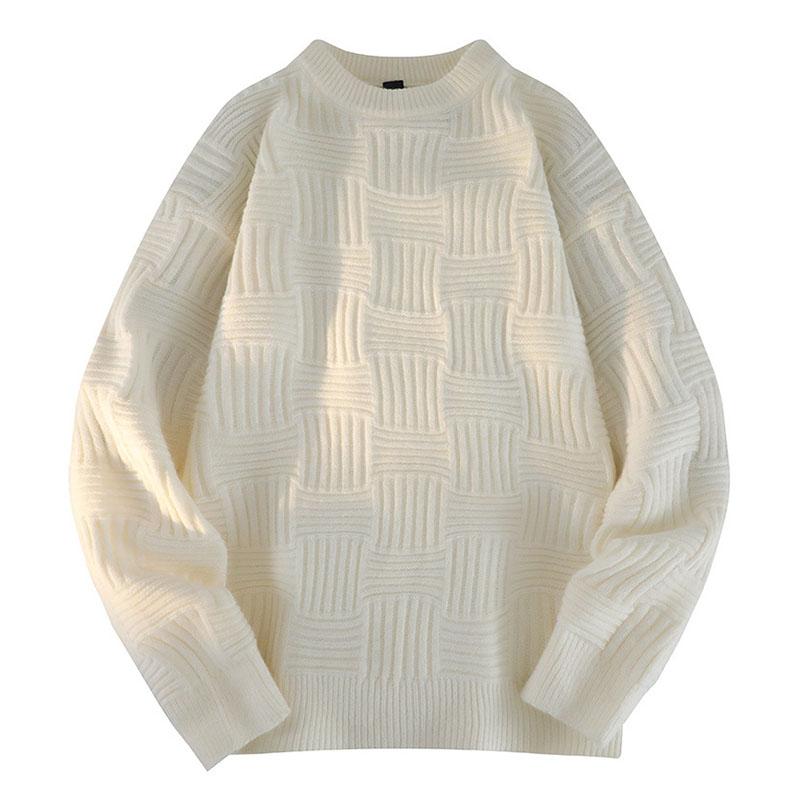 Mens Casual Solid Color Round Neck Wavy Texture Pullover Knitted Sweater 41127445M
