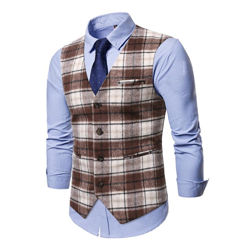 Mens Vintage Plaid Collarless Suit Vest 50235091Y