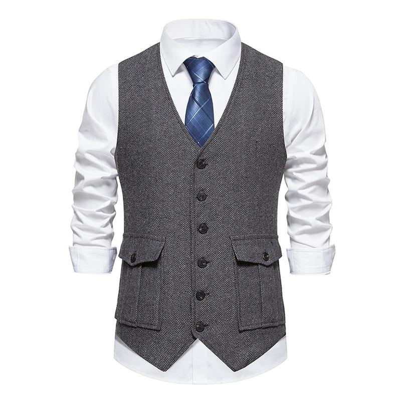 Mens Vintage V-Neck Single Breasted Patch Pocket Suit Vest (Shirt and Tie Excluded) 02085676M