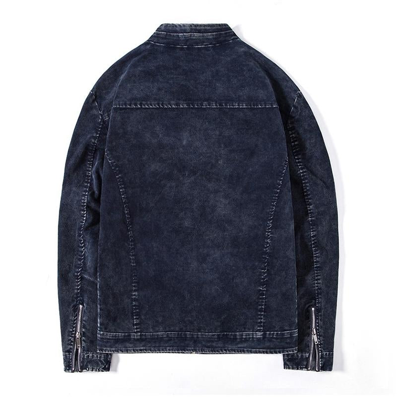 Mens Vintage Washed Distressed Stand Collar Zipper Denim Jacket 38335876M