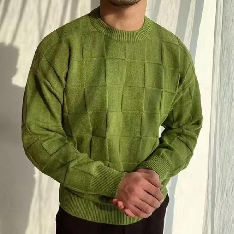Mens Solid Color Plaid Crew Neck Knitted Sweater 94387043X