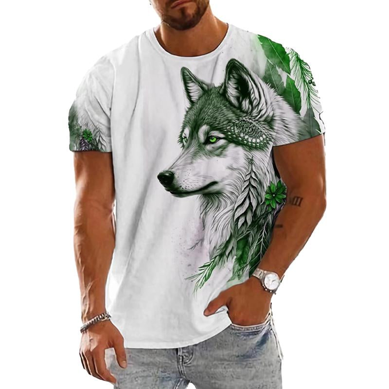 Mens Round Neck Wolf Head Print Short Sleeve T-Shirt 87507842X