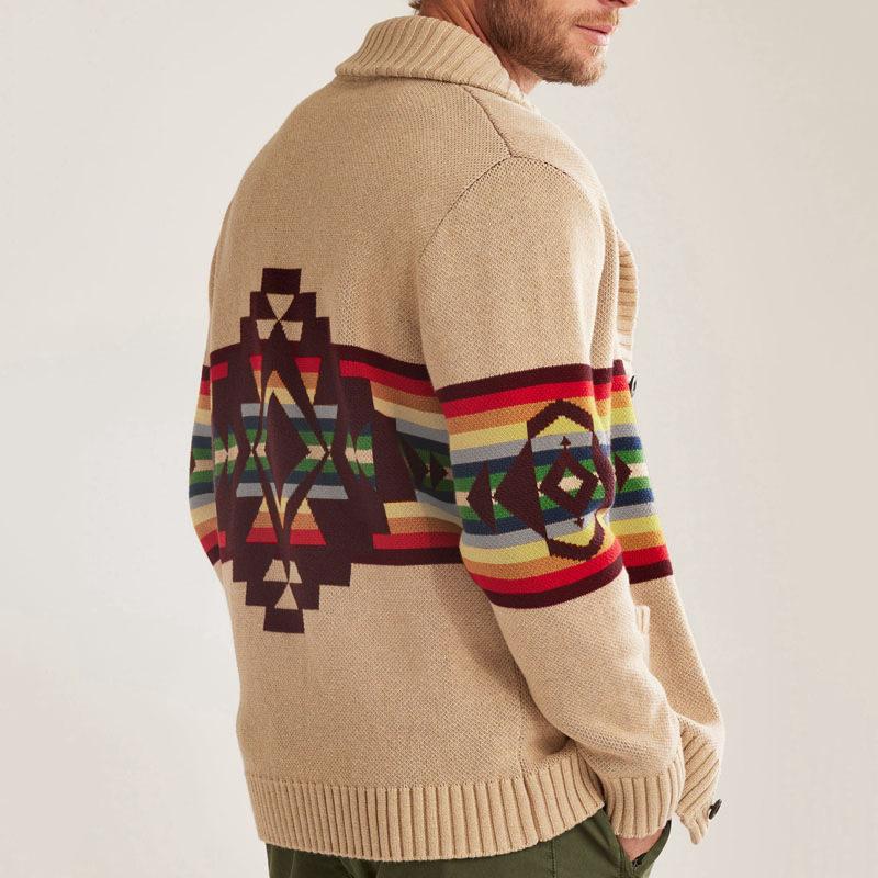 Mens Vintage Colorblock Stripe Jacquard Lapel Single Breasted Knit Cardigan 44586298M