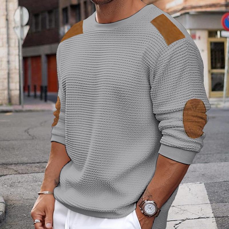 Mens Casual Round Neck Long Sleeve Patchwork Slim Pullover Knitted Sweater 02555996M