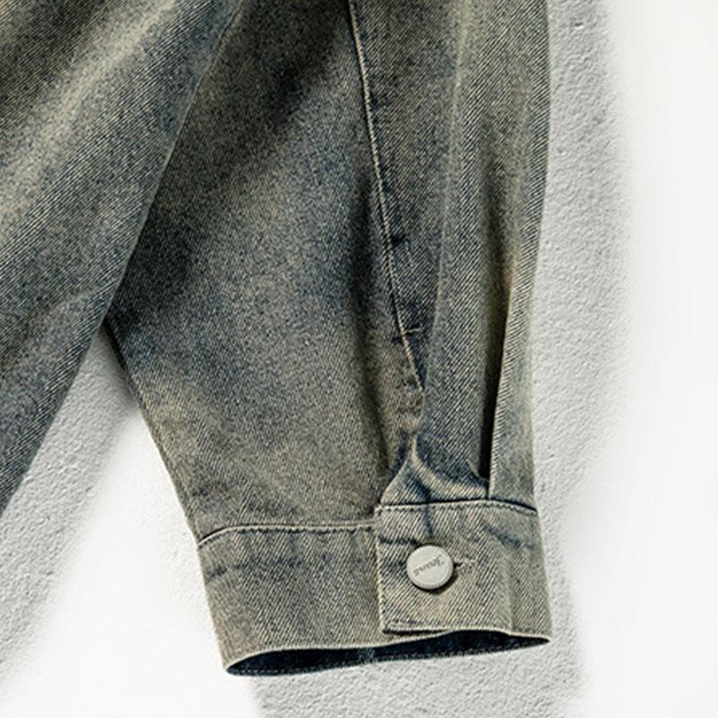 Mens Vintage Distressed Washed Loose Lapel Single-Breasted Denim Jacket 33911061M