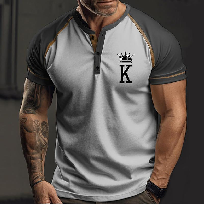 Mens Casual Letter Print Colorblock Henley Collar Short Sleeve T-Shirt 19858989Y