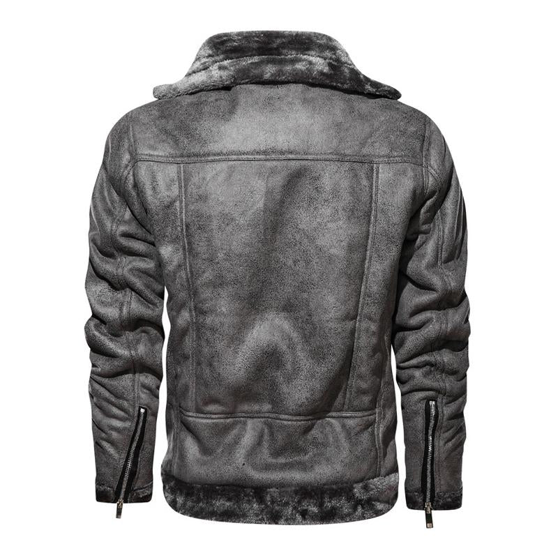 Mens Vintage Lapel Faux Fur Warm Zippered Leather Jacket 63798528M
