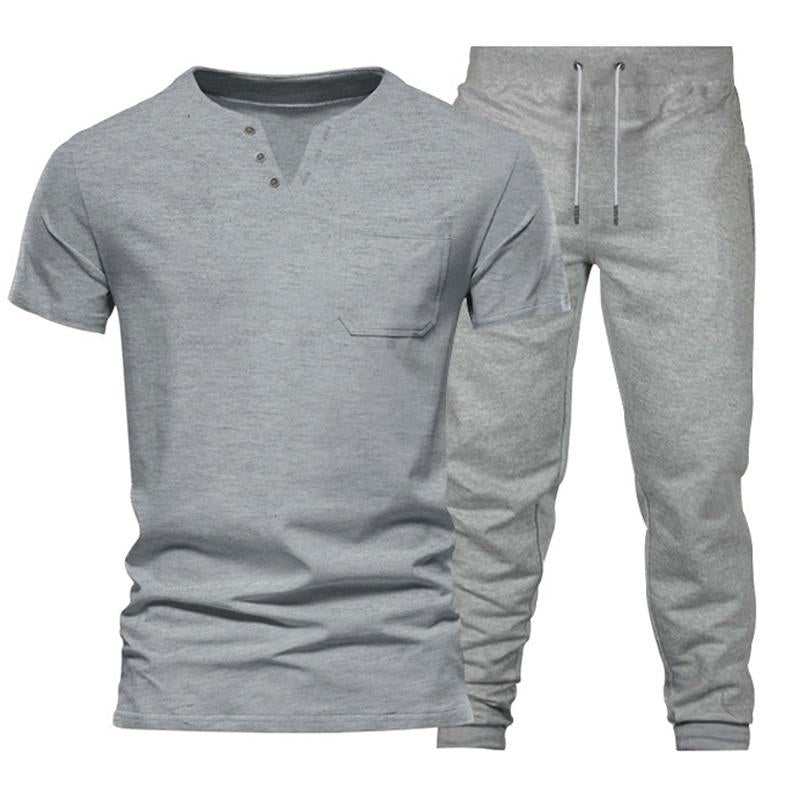 Mens Solid Color V-neck Short-sleeved Trousers Sports Two-piece Set 83772586X