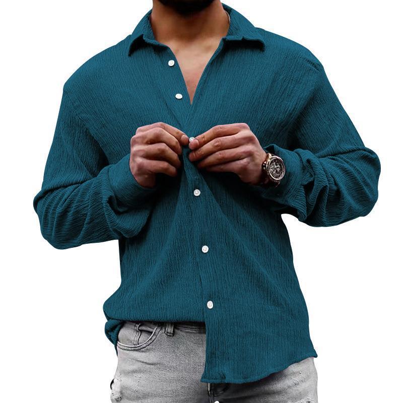 Mens Solid Loose Linen Lapel Long Sleeve Shirt 01526129Z