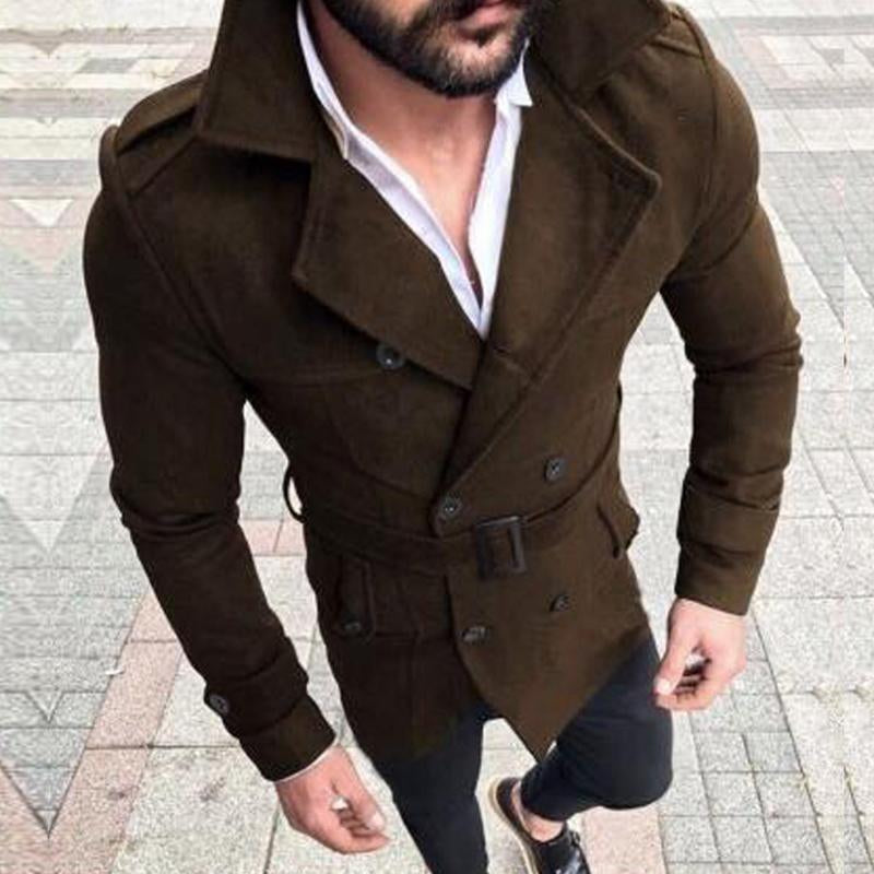 Mens Vintage Solid Color Wool Blended Lapel Double Breasted Belted Coat 64468270M